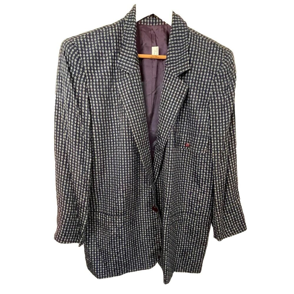 VTG Korean 100% Silk Blue Unstructured Blazer Jacket Boxy Fit Retro Women Sz 10